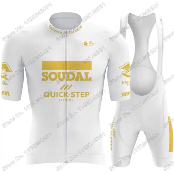 Conjunto de Jersey de ciclismo Golden Team Soudal Quick Step 2023, ropa de ciclismo blanca para hombre, camiseta para bicicleta de carretera, traje, pantalones cortos con pechera para bicicleta, Maillot