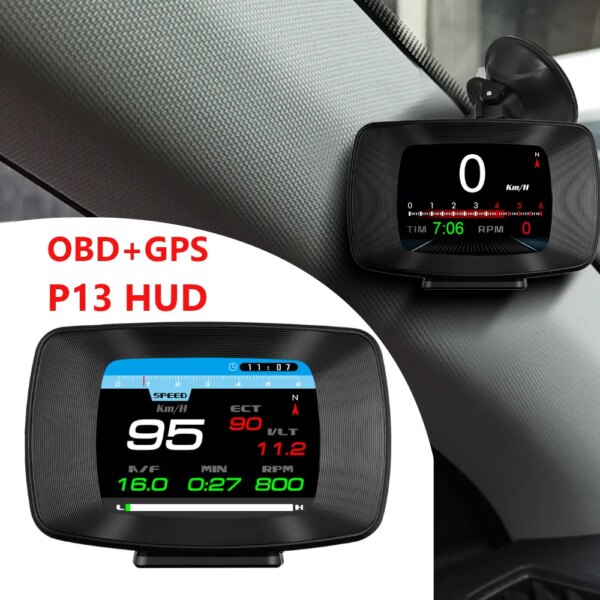 HD P13 OBD2 GPS HUD pantalla frontal de coche velocímetro Digital ordenador de a bordo automático con alarma de voltaje de temperatura de velocidad RPM