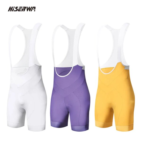 HISERWA-pantalones cortos con pechera para Ciclismo para mujer, medias transpirables de secado rápido para bicicleta, almohadilla de esponja para Ciclismo de 6 horas, pantalones cortos para bicicleta de montaña