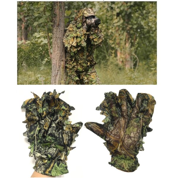 Guantes Ghillie de caza, guantes de traje de camuflaje, gorros de camuflaje de hojas biónicas 3D para fotografía de vida salvaje en la jungla, Camuflaje de pavo