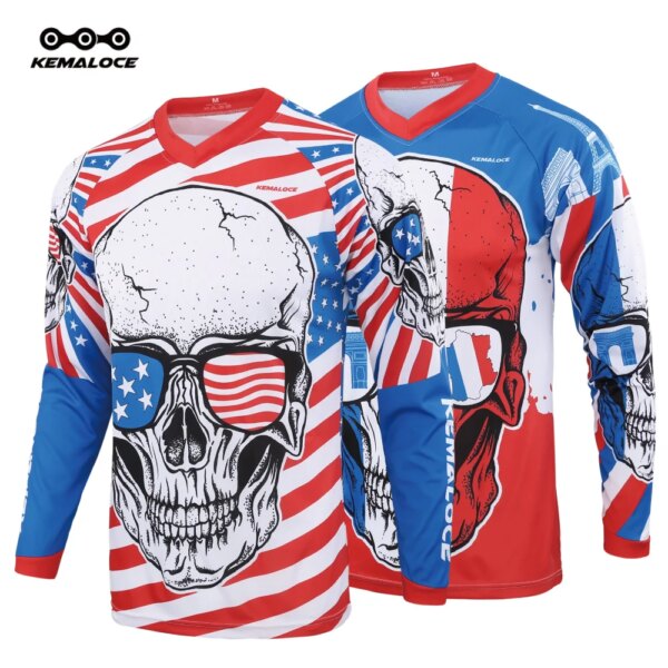 KEMALOCE azul manga completa cuesta abajo Mtb Jersey Enduro Motocross hombres EE. UU. Camiseta para bicicleta de montaña Unisex calavera BMX camisa para descenso Tops