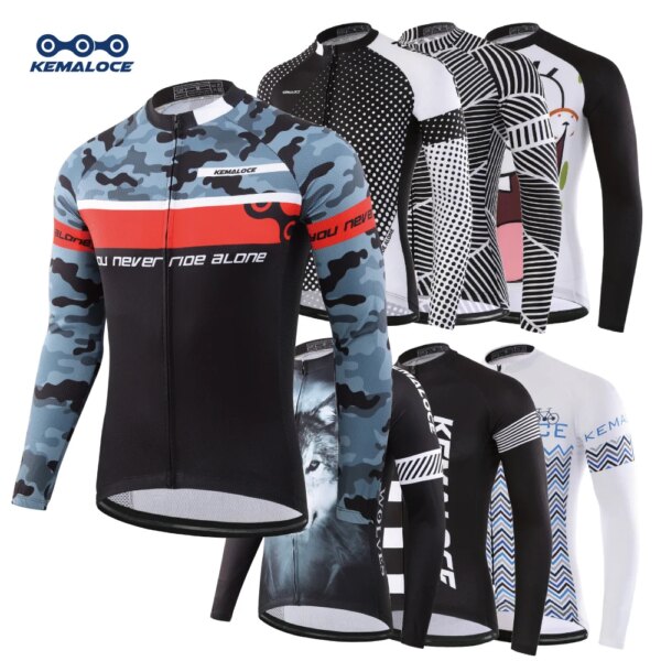 KEMALOCE Camo hombres Pro manga larga ciclismo Jersey negro primavera ciclismo camisas MTB poliéster manga completa transpirable ropa de bicicleta Top