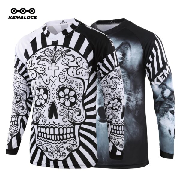 KEMALOCE-Camiseta de manga larga para hombre, camiseta deportiva de secado rápido para motocrós, uniforme de camiseta para bicicleta de montaña BMX con calavera blanca