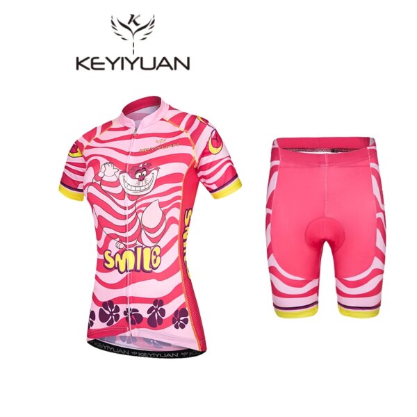 KEYIYUAN Cat Mujeres Ciclismo Jersey Manga Corta Camiseta Montar Pantalones Cortos Acolchados S-5XL