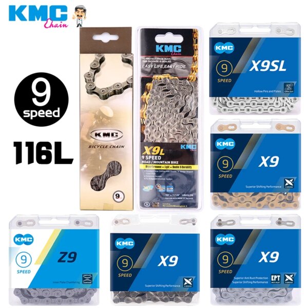 Cadena de 9 velocidades para bicicleta KMC X9SL X9 Z9 MTB, cadenas para bicicleta de carretera, 116 eslabones con hebilla mágica, cadena de 9V para platos y bielas Shimano SRAM