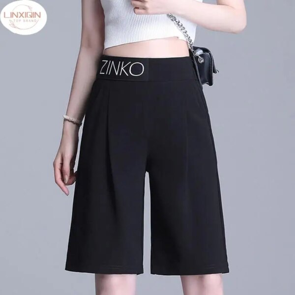 LINXIQIN pantalones cortos de ciclismo para mujer, pantalones cortos de verano de cintura alta, traje negro, pantalones cortos informales de gran tamaño, pantalones cortos básicos, moda coreana