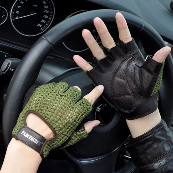 Guantes sin dedos de malla de cuero para hombre, guantes tácticos para conducción de automóviles, accesorios para motocicleta, trabajo y ciclismo