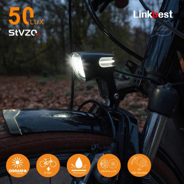 Linkbest-luz delantera para bicicleta eléctrica C7, 50 Lux, resistente al agua, para dínamo de buje, accesorios para bicicleta de montaña