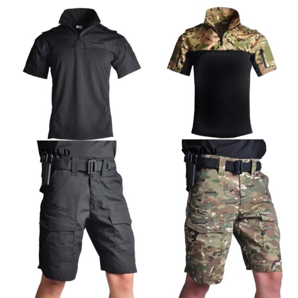 Trajes cortos militares del ejército para hombres, pantalones cortos de ciclismo de verano, traje para hombres, pantalones cortos + camisas, pantalones cortos de carga, ropa de Camping, conjuntos de senderismo de camuflaje