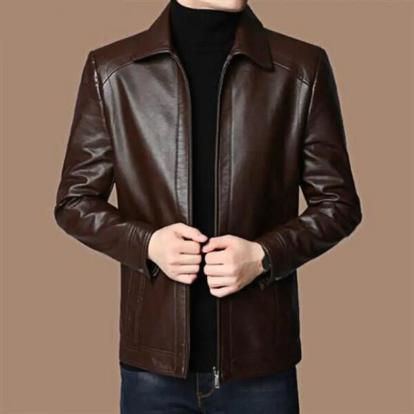 Chaqueta de hombre de piel sintética, suave, gruesa, cálida, de manga larga, con cremallera, protección del cuello, para motocicleta, a prueba de viento, chaqueta fresca para Otoño e Invierno