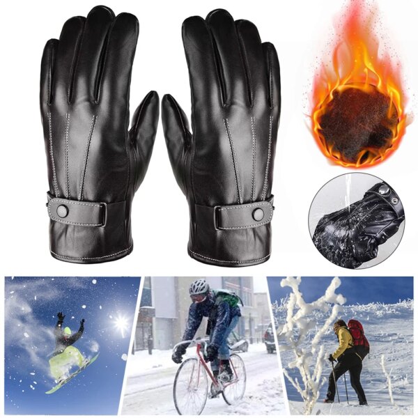 Guantes de motocicleta engrosados ​​para hombre, guantes protectores de cuero de PU para motocicleta, cierre de botón para acampar, escalar, senderismo, deportes al aire libre