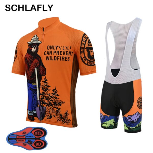 Traje de ciclismo para hombre, jersey de ciclismo naranja con oso Smokey + pantalones con pechera de silicona 9d, ropa de ciclismo schlafly