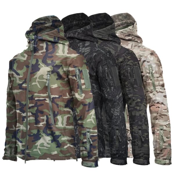 Chaqueta de hombre Montañismo al aire libre abrigo camuflaje con capucha polar impermeable viento Piel de tiburón suave chaqueta cálida invierno