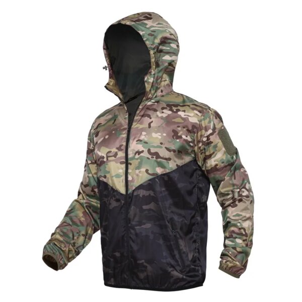 Chaquetas de piel para ciclismo al aire libre para hombre, abrigo táctico de secado rápido con capucha y protección solar, chaqueta fina impermeable de camuflaje militar para bicicleta