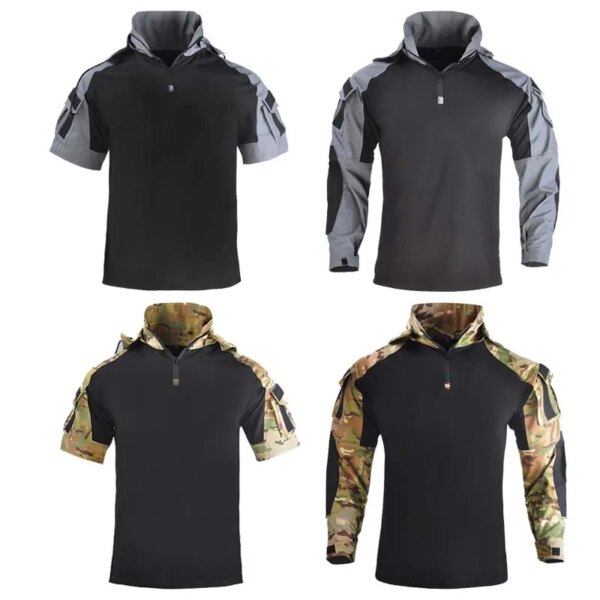 Camisetas tácticas de senderismo para hombre, pantalones cortos de manga larga de camuflaje del ejército militar, camisa de caza y escalada, ropa deportiva transpirable para hombre