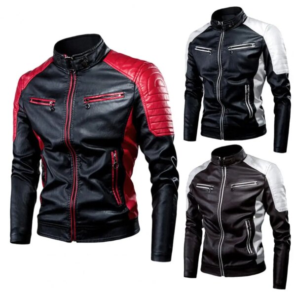 Chaqueta de invierno de Pu para hombre, impermeable, para motocicleta, colores contrastantes, chaqueta de cuero clásica para motorista, abrigo de otoño con Motor de aviador