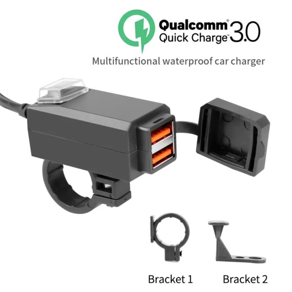 Cargador montado en vehículo de motocicleta, adaptador USB resistente al agua, 12V, puerto USB Dual para teléfono, carga rápida 3,0 con interruptor, accesorio para Moto