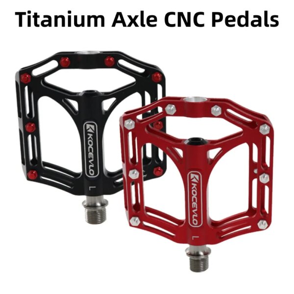 Pedales de bicicleta de montaña, pedales de bicicleta CNC con eje de titanio, 3 rodamientos, tacos de bicicleta de carretera rojos y negros, reposapiés antideslizante, accesorios Cycl