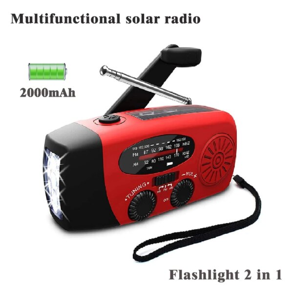 Radio Solar multifuncional FM AM WB, Radio meteorológica, manivela LED, linterna de emergencia, luz de Camping recargable por USB de 2000mAh