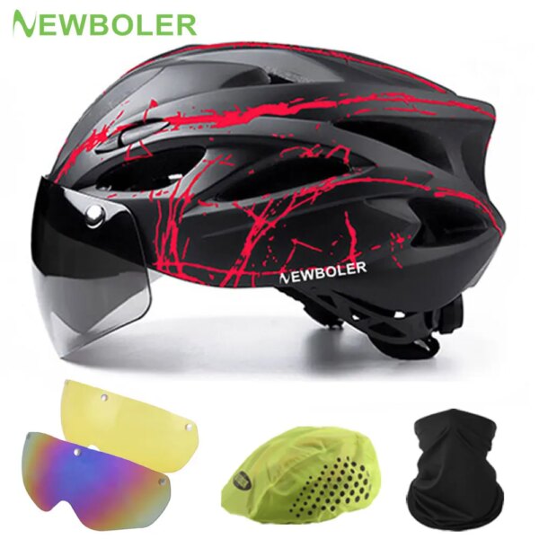 NEWBOLER Casco de bicicleta Hombre Mujer Casco de seguridad Casco de bicicleta de motocicleta al aire libre Visor de lente extraíble Casco de Ciclismo de Carretera de montaña