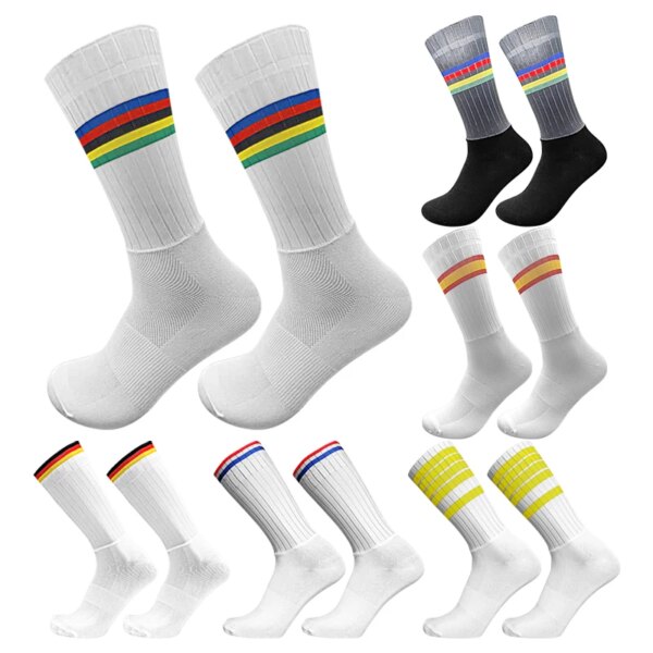 Nuevo calcetín boca antideslizante de silicona calcetines para andar en bicicleta cilindro medio rayas de contraste Casual hombres mujeres calcetines de deporte para exterior