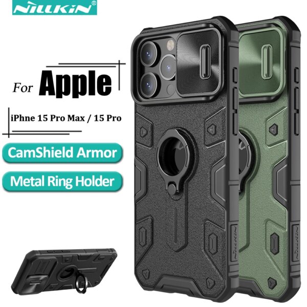 Funda de teléfono Nillkin para iPhone 15 Pro Max / 15 Pro, soporte integrado y cubierta deslizante para cámara, parachoques duro de PC resistente