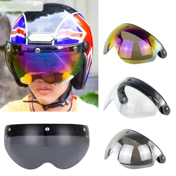 Casco de cara abierta, visera para motocicleta, visera de burbuja, lente, escudo de burbuja, diseño de 3 broches, accesorios para cascos abatibles hacia arriba y hacia abajo