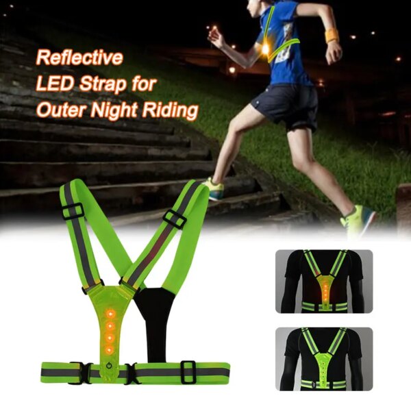 Chaleco luminoso para correr de noche al aire libre, 4 LED, chaleco luminoso para montar al aire libre, 3 modos, correa reflectante, Unisex