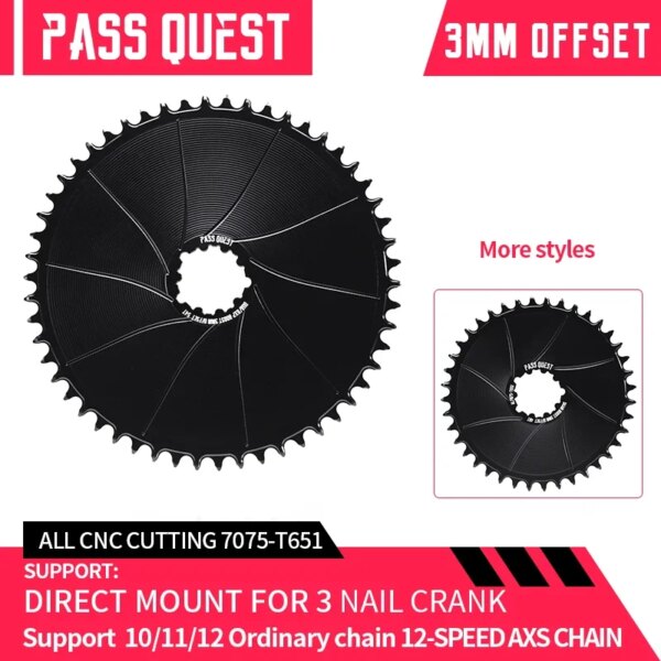 PASS QUEST Plato ancho y estrecho AERO redondo de 3mm para GXP, manivela de montaje directo, bicicleta de grava GX SX AXS, cadena de 12 velocidades 36-54T