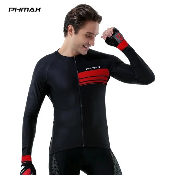 PHMAX Maillot de ciclismo para hombre, camiseta de ciclismo profesional de manga larga para primavera, maillot de ciclismo transpirable con tres bolsillos