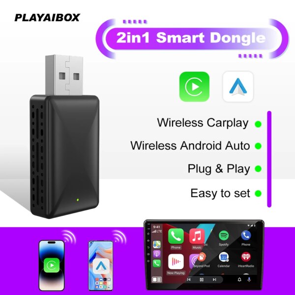 PLAYAIBOX Android Auto adaptador inalámbrico Carplay 2 en 1 juego y enchufe inalámbrico para Benz Audi Kia Chery Jeep Volvo Hyundai Porsche VW