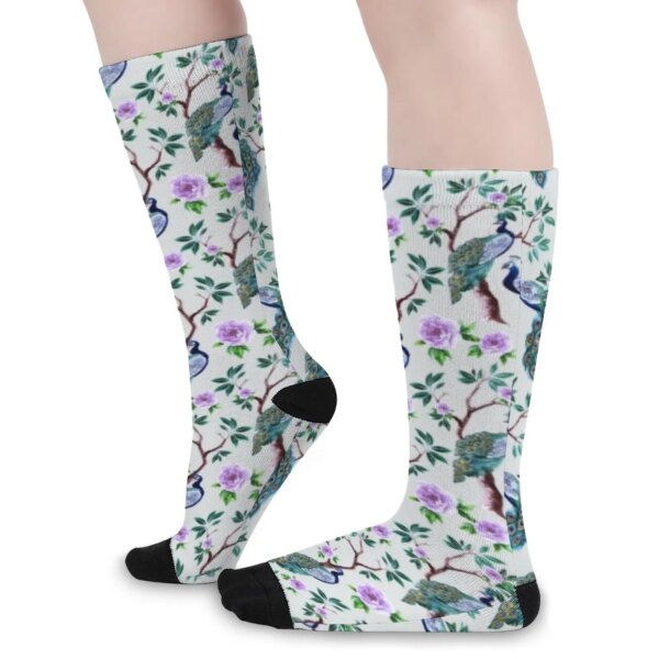 Medias de animales de pavo real para niñas, calcetines con estampado de árbol y flores, calcetines cómodos Vintage, calcetines antideslizantes para ciclismo, regalo personalizado