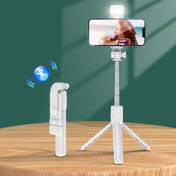 Soporte portátil para trípode/palo Selfie con Bluetooth, luz de relleno con obturador remoto, soporte retráctil remoto inalámbrico extensible para teléfono