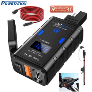 Powstation-cargador de teléfono para motocicleta, resistente al agua, QC3.0, USB + tipo C, 6,4a, con cable, voltímetro, fuente de alimentación para Moto