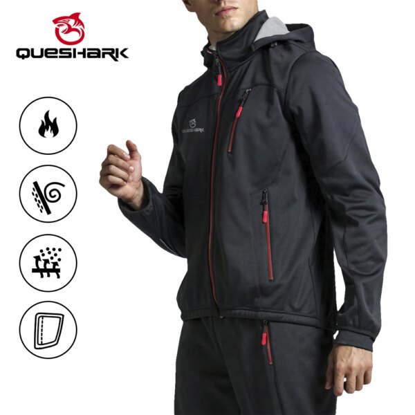 QUESHARK-Chaqueta de ciclismo con capucha desmontable para hombre, chaqueta de lana térmica para invierno, resistente al viento, impermeable, cortavientos para bicicleta de montaña