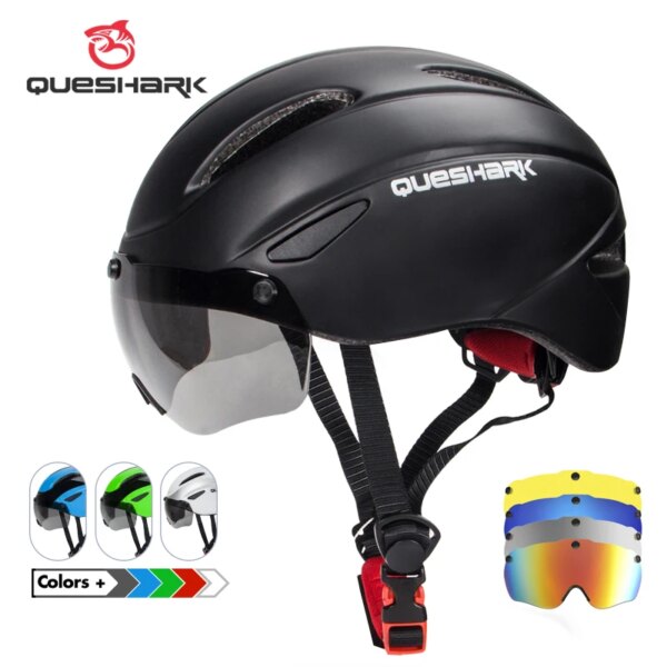 QUESHARK-casco de ciclismo para hombre y mujer, casco de ciclismo de montaña, bicicleta de carretera, motociclismo, lente colorida amarilla extraíble, gorra de seguridad QE107