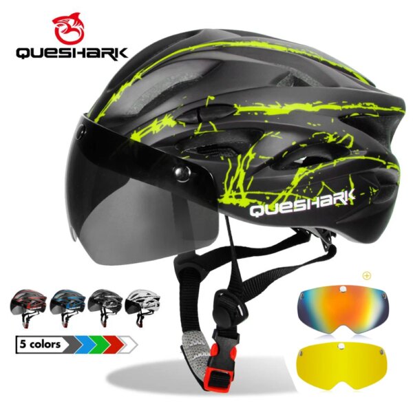 QUESHARK hombres mujeres ultraligero ciclismo casco MTB bicicleta de carretera motociclismo extraíble amarillo lente colorida QE111