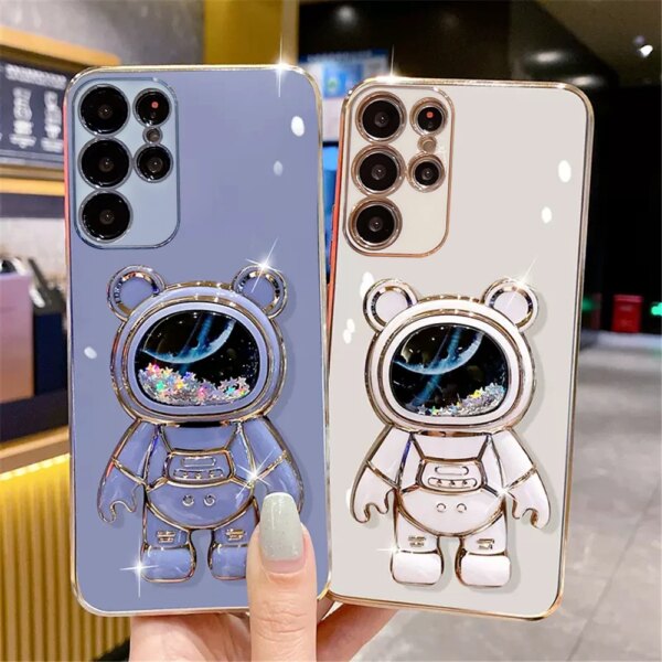 Funda de teléfono con soporte de oso espacial, arena movediza para Samsung Galaxy M53 M33 M23 A52S A32 A22 A12 A72 A13 A33 A53 A73 A51 A71 A50