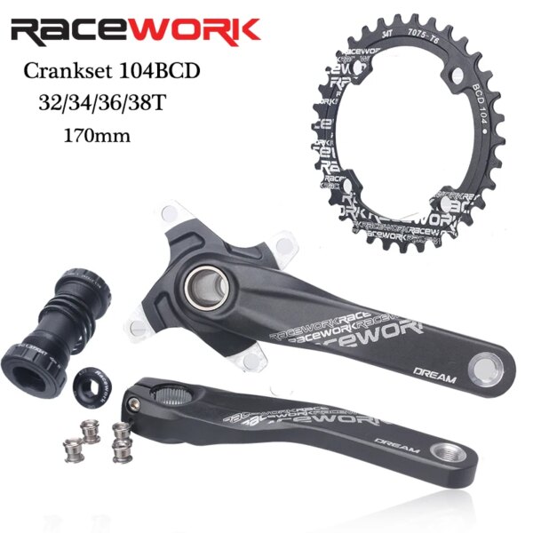 RACEWORK-platos y bielas para bicicleta de montaña Hollowtech, manivela 104 BCD de 170mm, 2 coronas, Bielas de bicicleta, plato de 32/34/36/38T