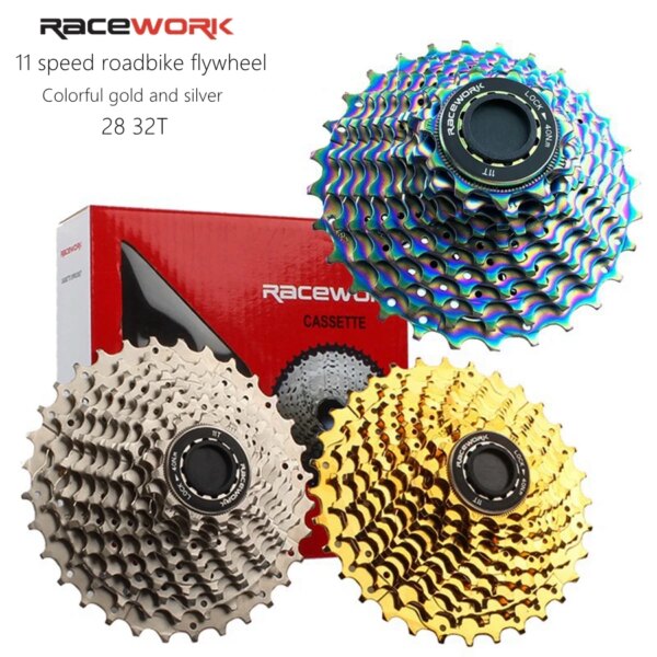 RACEWORK-Cassette de 11 velocidades para bicicleta de carretera, rueda libre de 28T y 32T, volante colorido dorado y plateado para Shimamo 105 6800 R7000 R8000