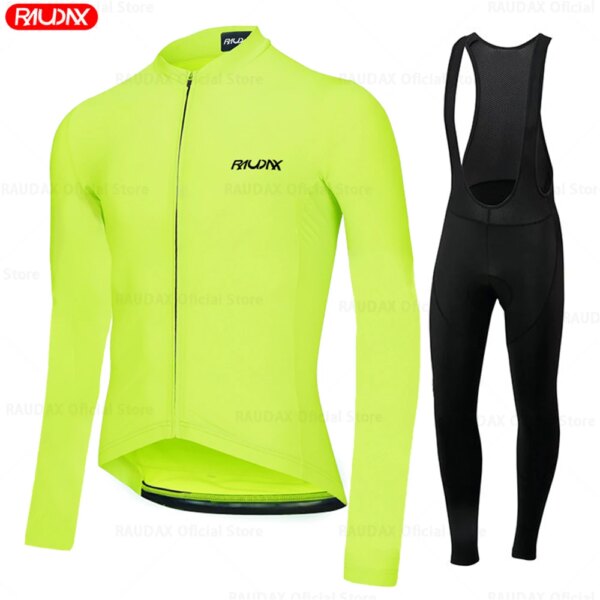 Raudax-Conjunto de Jersey de ciclismo de manga larga, fluorescente, amarillo, camisetas para bicicleta de montaña, ropa deportiva para ciclismo todo terreno, primavera