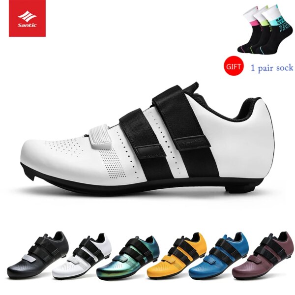 SANTIC-zapatos de ciclismo para hombre y mujer, calzado con bloqueo automático, suela de nailon, transpirables, para carreras