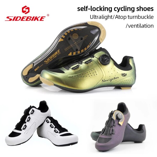 SIDEBIKE-zapatos de ciclismo ultraligeros de fibra de carbono para hombre, zapatillas de ciclismo de carretera con autosujeción, para deportes al aire libre