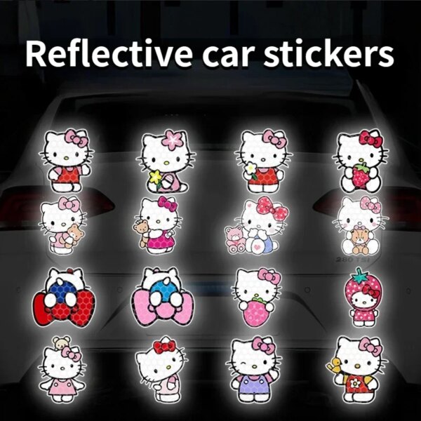 Sanrio-pegatina reflectante de dibujos animados, decoración para carrocería de motocicleta, vehículo eléctrico, pegatina de advertencia para casco de coche, pegatinas de Hello Kitty