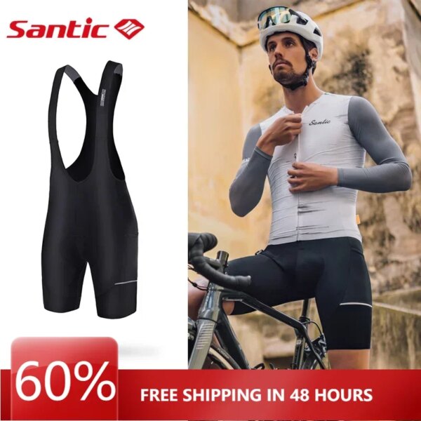 Santic-pantalones cortos con pechera para ciclismo para hombre, pantalones cortos con correa para ciclismo, cojín de esponja para bicicleta de carretera, protección solar antideslizante reflectante de seguridad