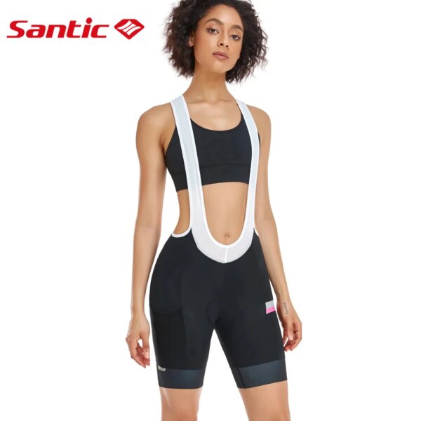 Santic-pantalones cortos con tirantes para ciclismo para mujer, pantalones cortos con tirantes para ciclismo de montaña, cómodos, de alta elasticidad, cojín de esponja, reflectantes de secado rápido