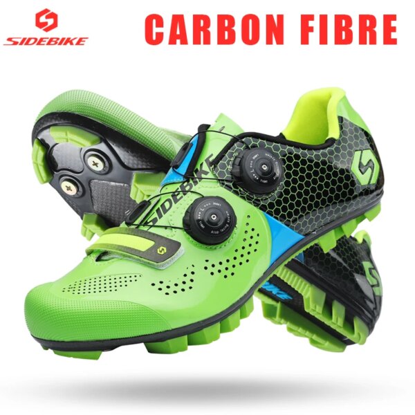 Zapatos Sidebike MTB, zapatos de ciclismo de carbono, zapatos de bicicleta transpirables para hombre, zapatos con tacos autoblocantes encima del sistema de cordones