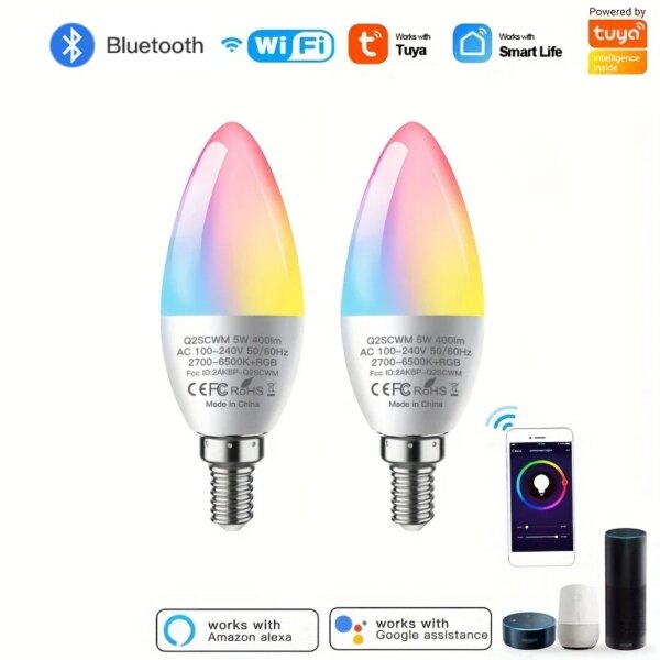 Bombilla inteligente 2 uds Tuya Wifi Bluetooth E14 lámpara de vela RGBCW regulable 5W bombilla LED aplicación Smart Life Control por voz Alexa Google