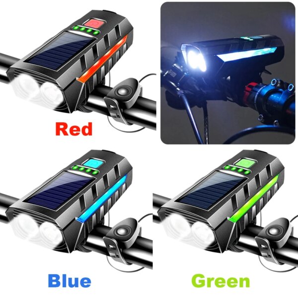 Luz delantera Solar para bicicleta, recargable vía USB, lámpara frontal para bicicleta de montaña y carretera, pantalla de encendido, Luz De Carretera, linterna, accesorios para bicicleta