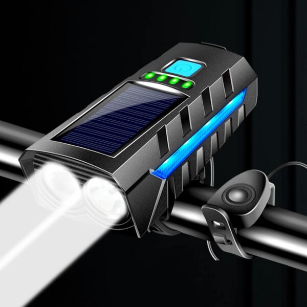 Faro Solar para bicicleta con bocina de 130db, lámpara frontal para bicicleta de montaña y carretera, linterna recargable por USB de Luz De Carretera, accesorios para bicicleta